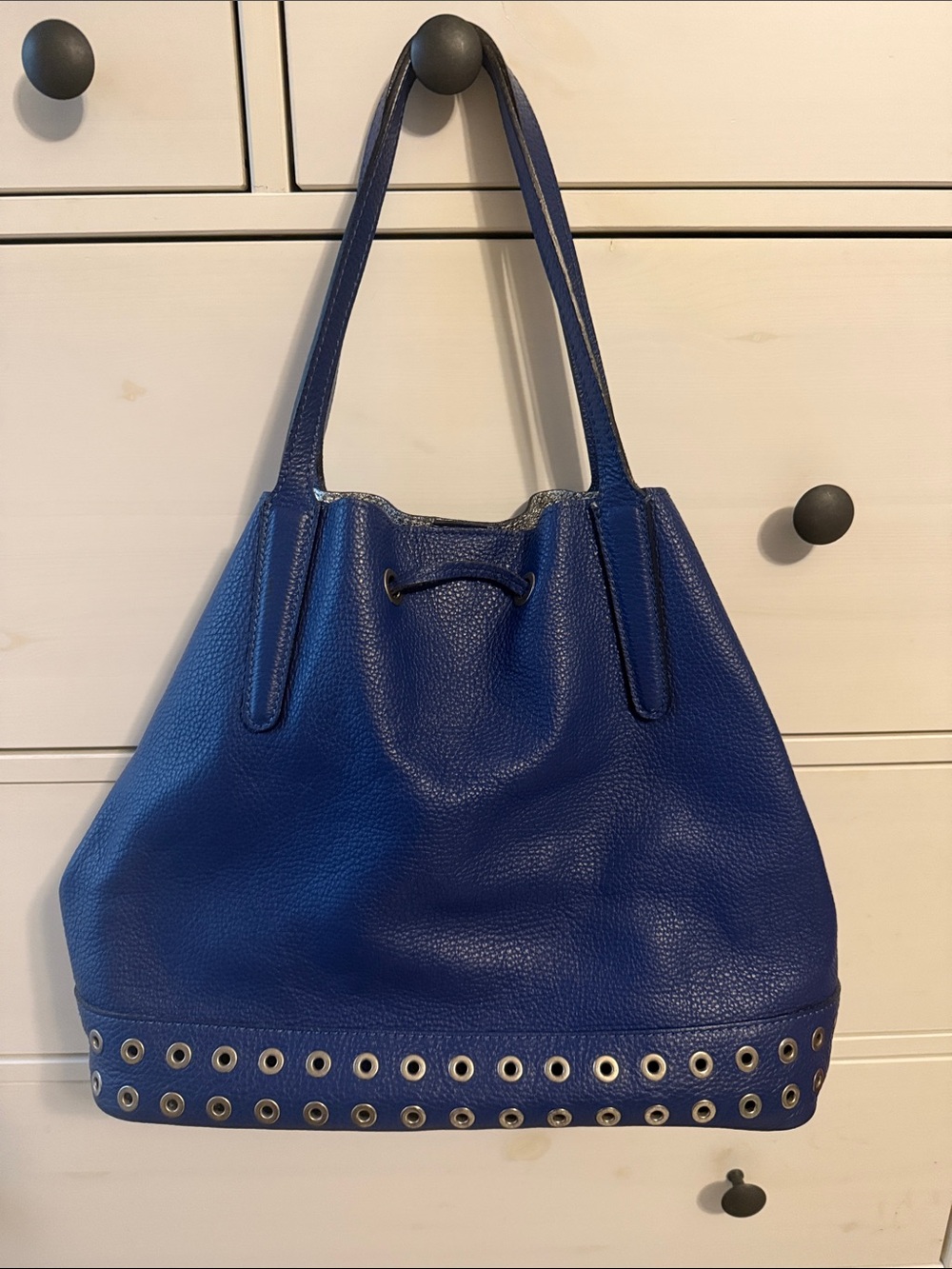 Blue Leather Eyelet-Trim Tote Bag